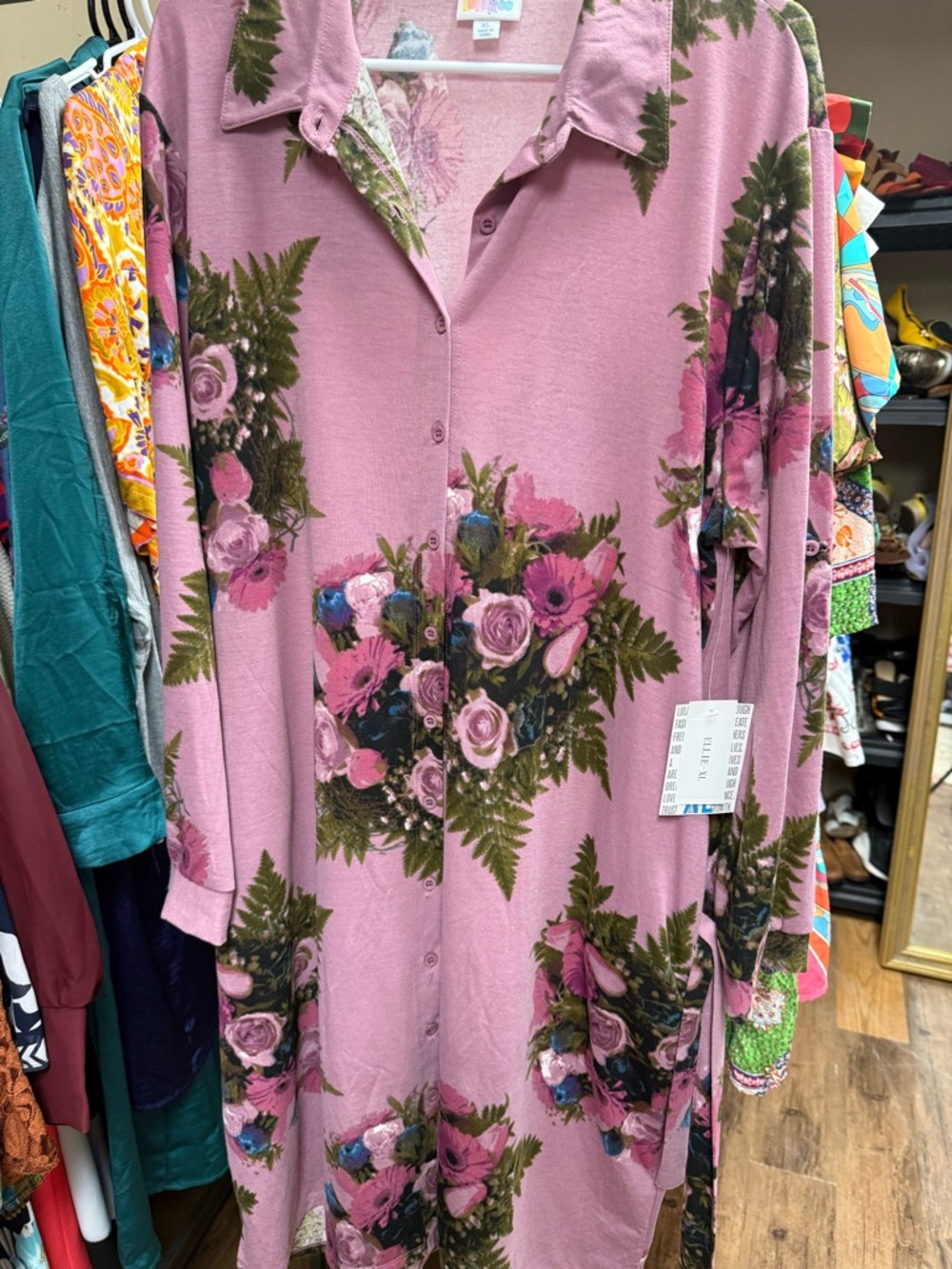 LuLaRoe Mauve Pink Floral Midi Shirt Dress - Picture 2 of 7